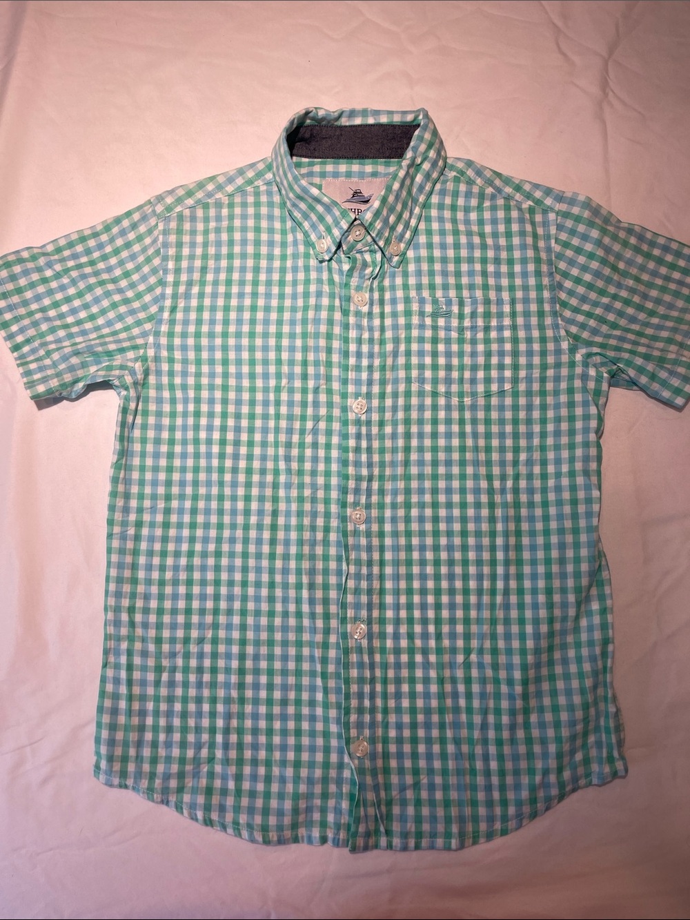 Boys' Short-Sleeve Button-Down Gingham Shirt - Aqua/White